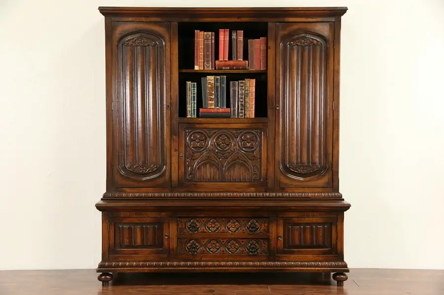 Main image of Oak Dutch 1920's Library Bookcase, Linenfold Carved Panels, Bar Cabinet