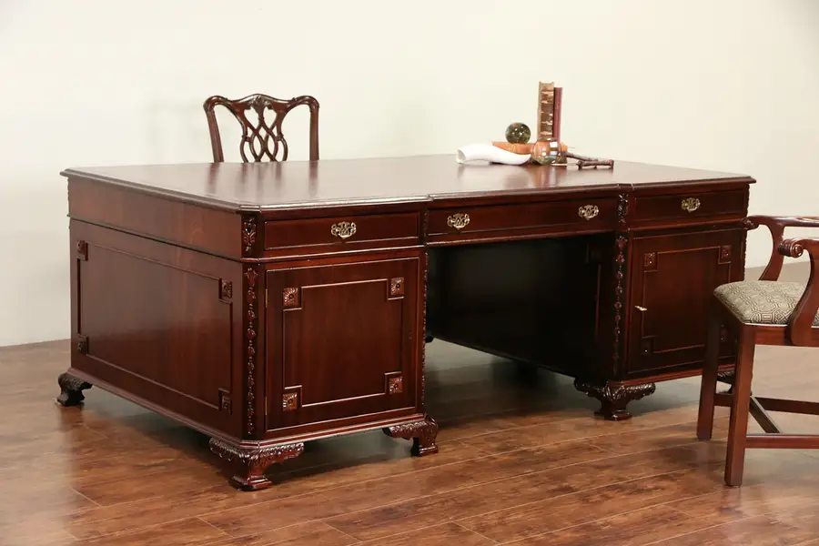 Main image of Georgian Style Executive or Library Vintage Partner Desk, Tooled Leather