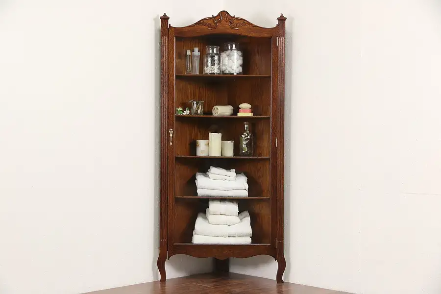 Main image of Oak Victorian 1900 Antique Corner Cabinet, Wavy Glass Door