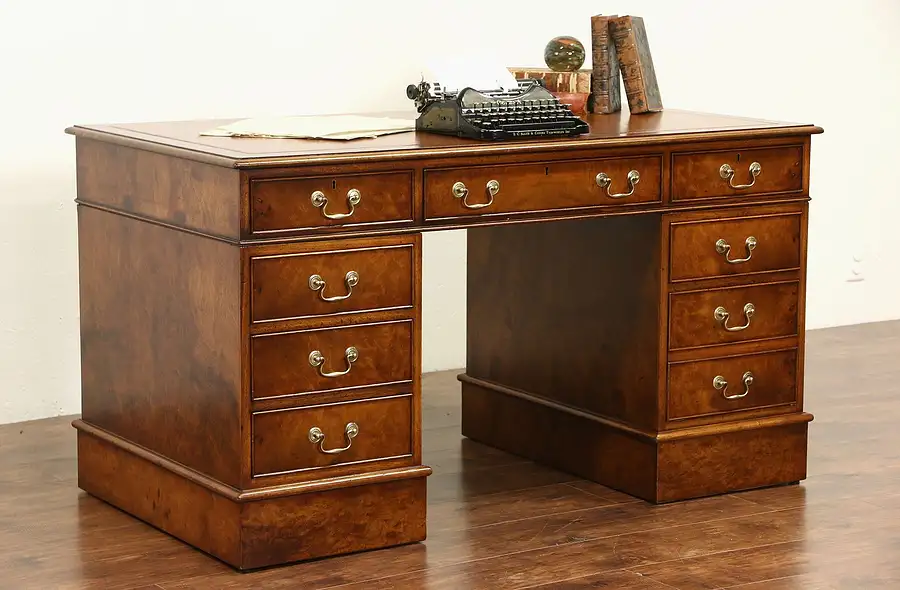 Main image of Library Desk, Vintage Walnut Burl & Tooled Leather