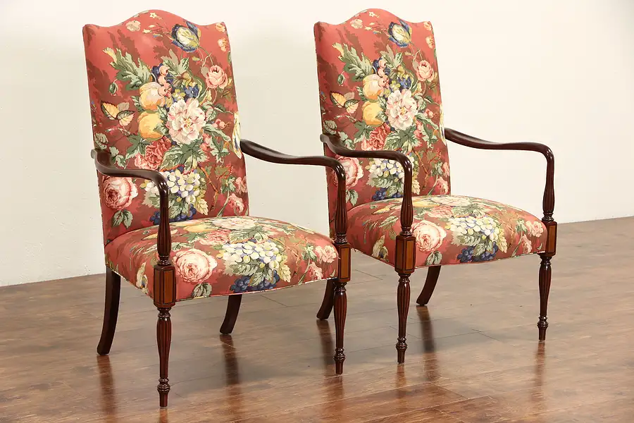 Main image of Pair of Vintage Sheraton Style Chairs, Custom Linen Upholstery