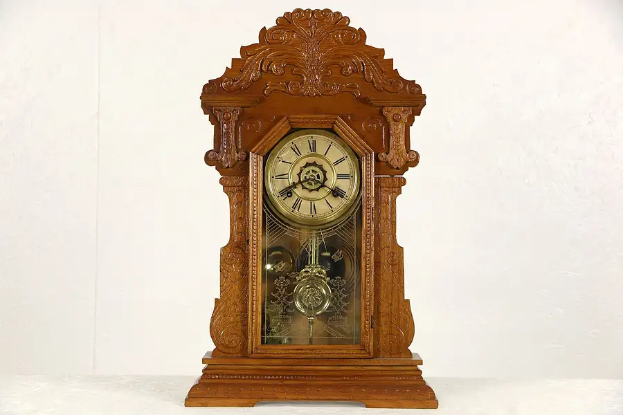 Main image of Waterbury Signed Victorian Antique 1890's Carved Oak Shelf Clock, Alarm