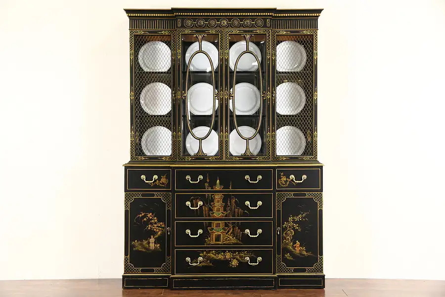 Main image of Black Lacquer & Chinese Painting Vintage Breakfront China, Marshall Fields