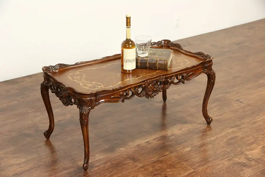 Main image of French Style Carved 1940's Vintage Coffee Table, Marquetry Top
