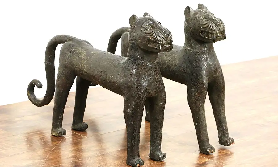 Main image of Pair Bronze Statues of Leopards, Antique Sculptures, Benin Kingdom of Africa