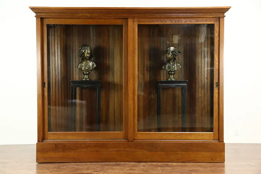 Main image of Oak 1900 Antique Drug Store Display Cabinet Pantry Cupboard, Sliding Glass Doors