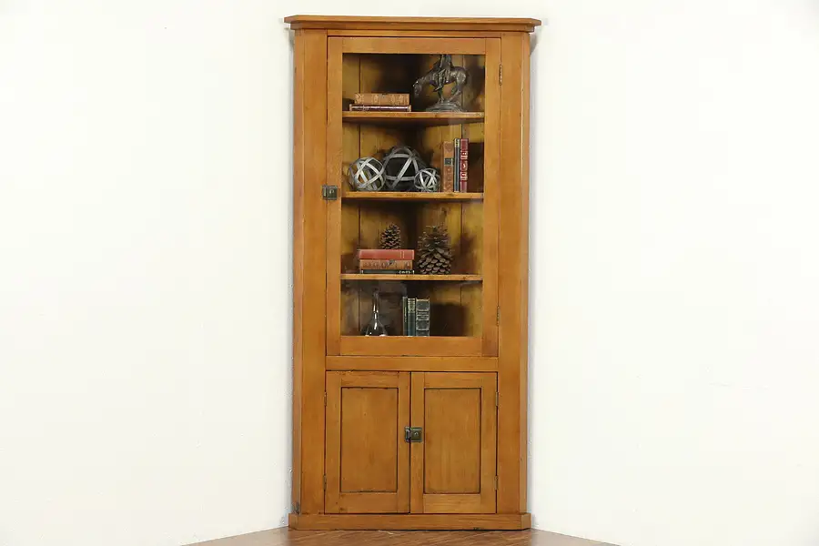 Main image of Oak 1900 Antique Corner Cabinet, Wavy Glass Cabinet