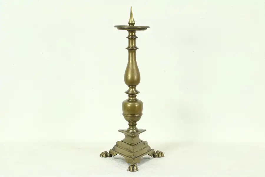 Main image of Brass Antique Giant Clawfoot Pillar Candlestick, Hand Hammered, England