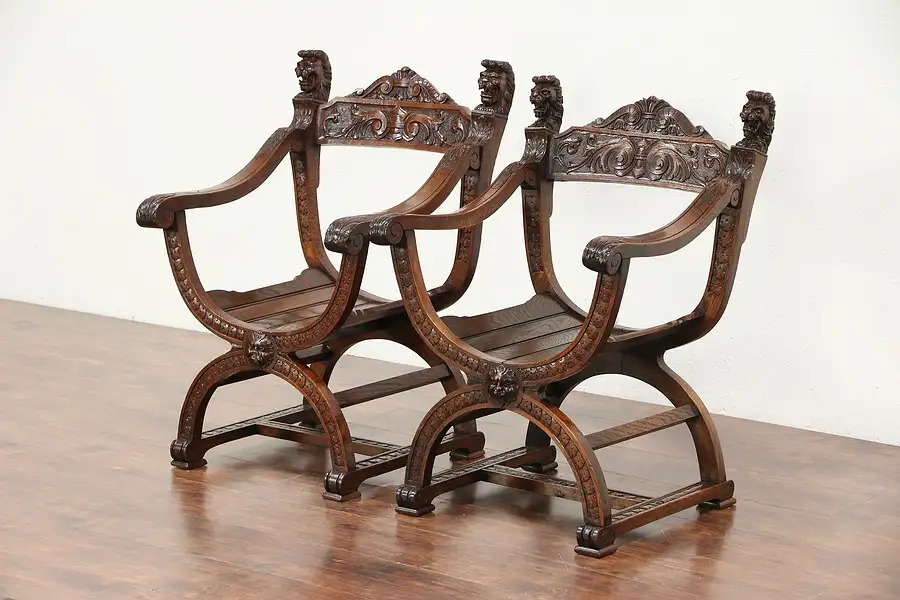 Main image of Oak 1890 Antique Pair of Italian Savonarola Chairs, Carved Lion Heads