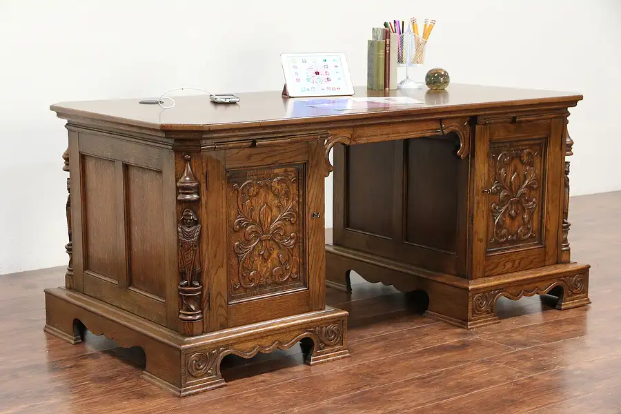 Main image of Oak Antique Library or Office Desk, Carved Knights, Scandinavia