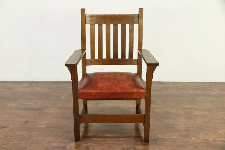 Main image of Arts & Crafts Mission Oak Antique Craftsman Chair, Leather Seat