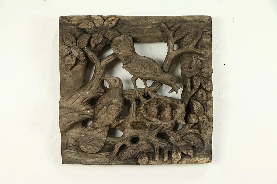 Main image of Driftwood Teak Hand Carved Birds Panel Architectural Salvage