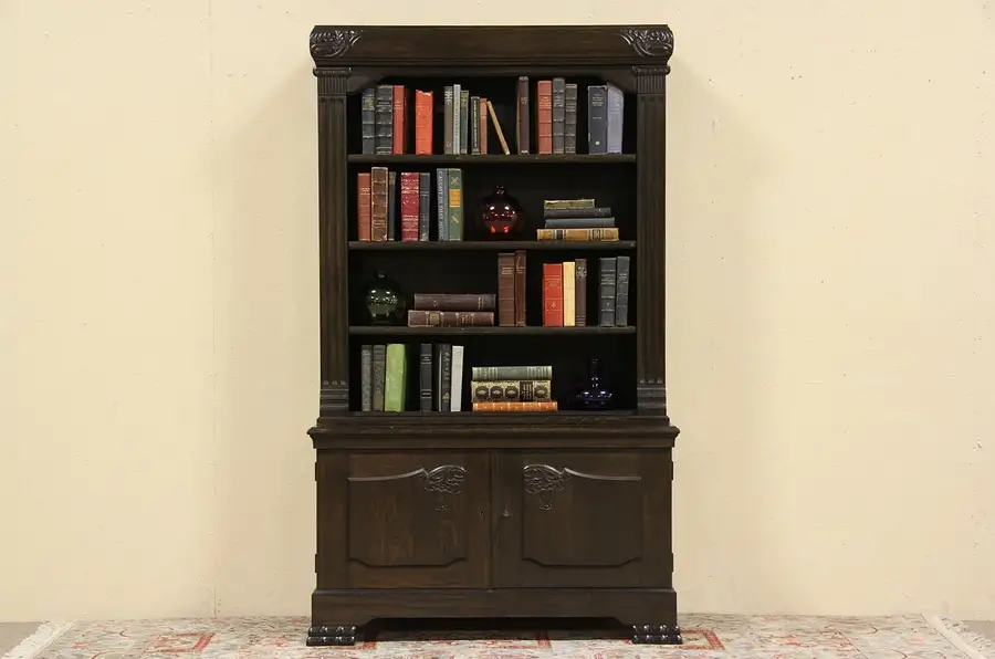 Main image of Carved 1900 Antique Oak Bookcase, Cupboard Base