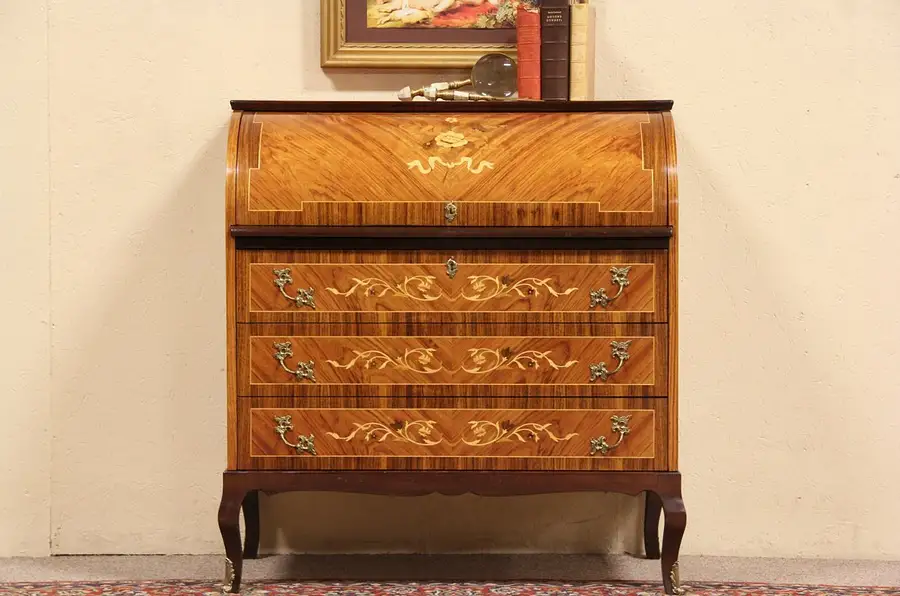Main image of Marquetry Rosewood Cylinder Rolltop Vintage Scandinavian Desk