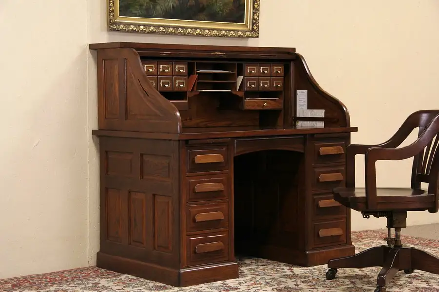 Main image of Gunn Oak 1910 Antique Roll Top Desk, Raised Panels