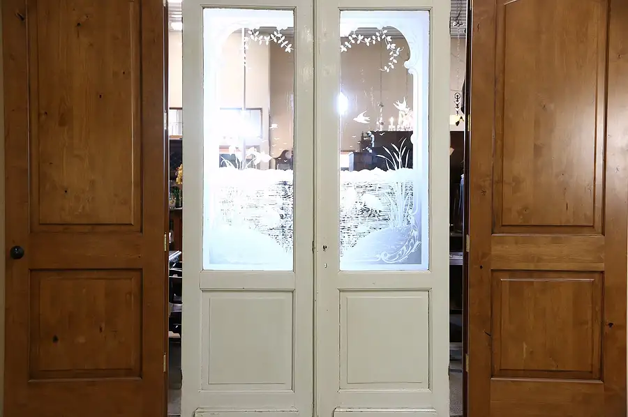 Main image of Pair 1890's Antique Salvage Doors, Etched Swan & Crane Scene Windows