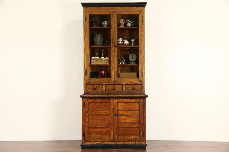 Main image of Country Pine 1890's Antique Pantry Cupboard Kitchen Cabinet, Wavy Glass Doors