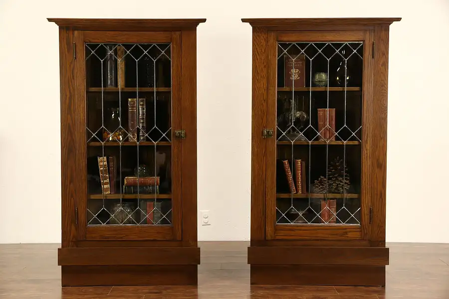 Main image of Pair Arts & Crafts Mission Oak 1905 Antique Corner Cabinets, Leaded Glass Doors