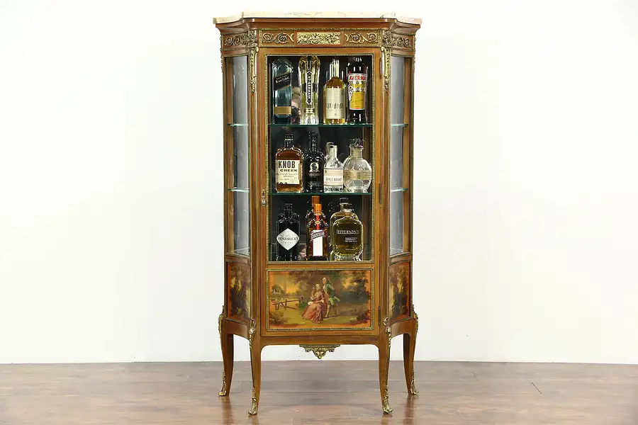 Main image of French 1925 Antique Curio Display Cabinet Vitrine, Marble Top, Signed Painting