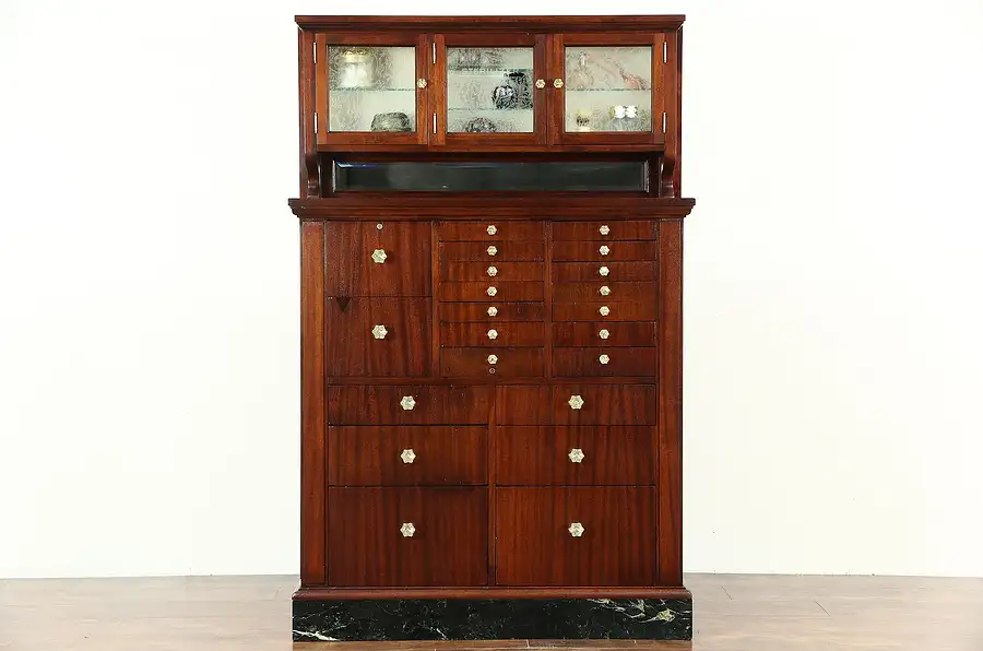 Main image of Dentist Antique 1910 Antique 22 Drawer Mahogany & Marble Dental, Jewelry Cabinet