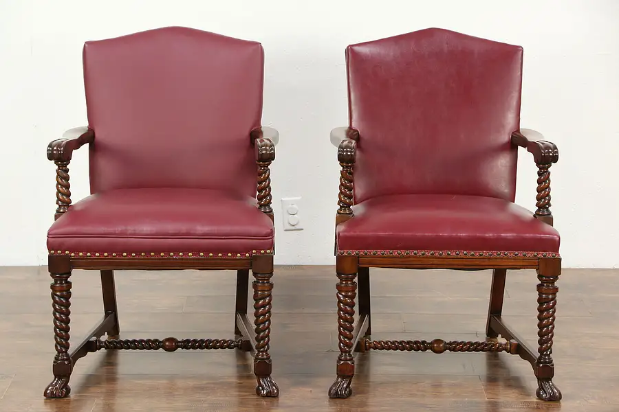 Main image of Pair of Carved Walnut 1920's Antique Red Leatherette Chairs, Scratch