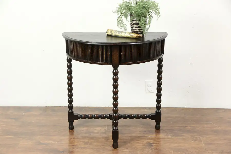 Main image of Oak Antique 1915 Demilune Half Round Hall Console Table, Tambour Doors