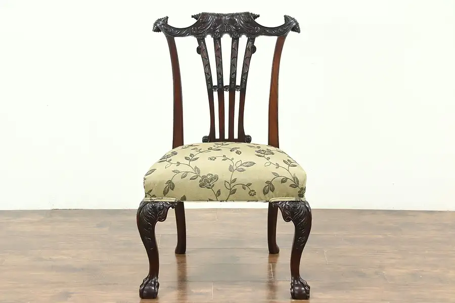 Main image of Irish Chippendale Antique Mahogany Desk or Hall Chair, New Upholstery