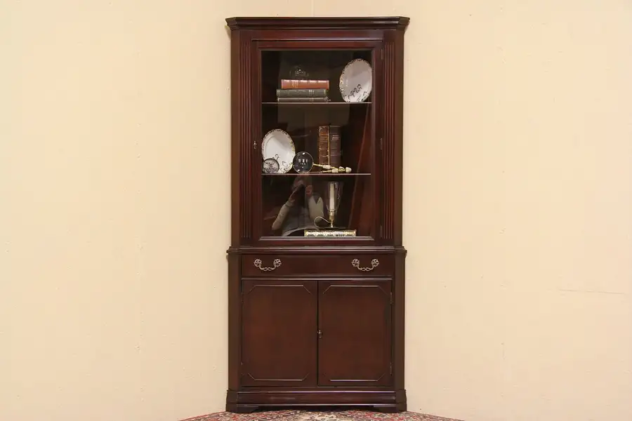 Main image of Mahogany Vintage Traditional Corner Cabinet, Glass Door