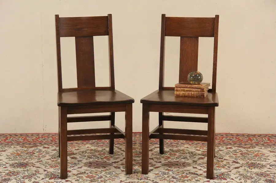 Main image of Pair of 1910 Antique Arts & Crafts T Back Oak Side or Dining Chairs