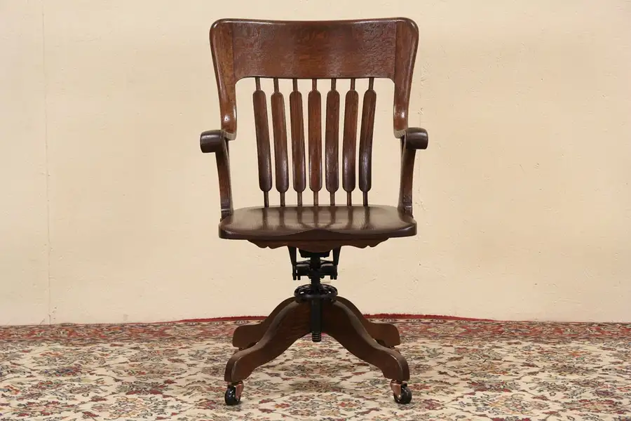 Main image of Oak 1895 Antique Swivel Adjustable Desk Chair, Signed Milwaukee