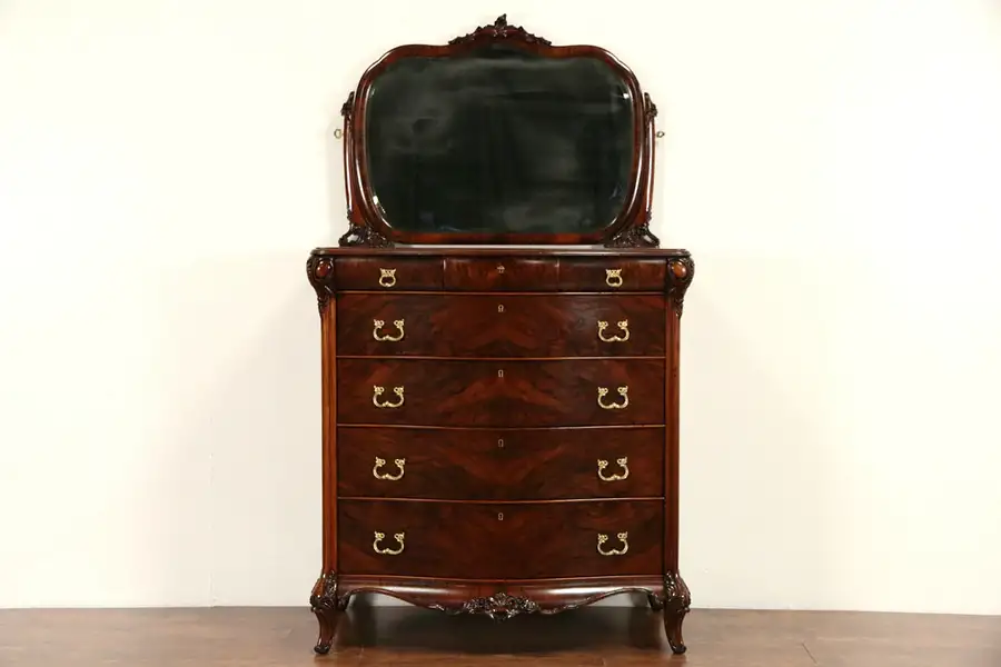 Main image of Tall Chest or Highboy w/ Mirror, 1920's Carved Mahogany Signed Sligh