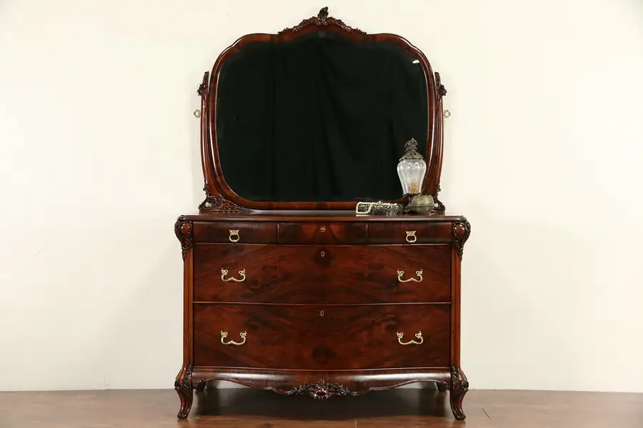 Main image of Dresser or Chest & Beveled Mirror, 1920's Carved Mahogany, Signed Sligh