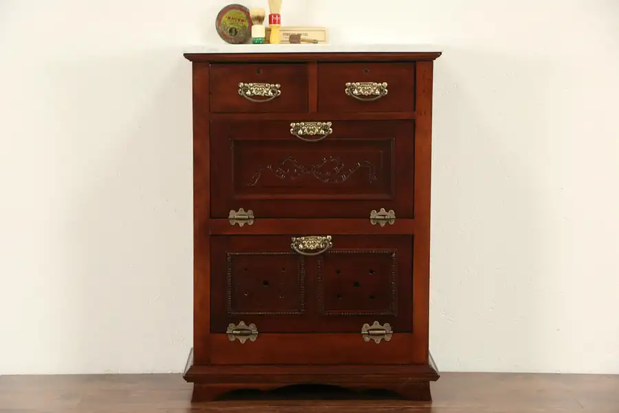Main image of Barber Shop Cabinet, Marble Top 1880 Antique Birch, Towel Hoppers