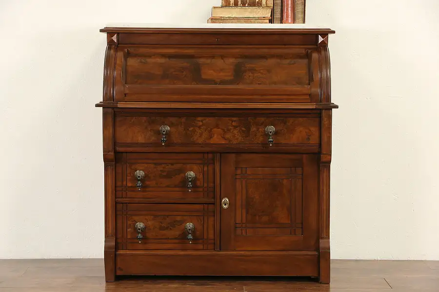 Main image of Victorian 1880 Antique Walnut Cylinder Roll Top Secretary Desk, Marble Top