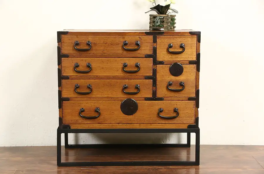 Main image of Japanese Tansu Chest, Hand Crafted 1900 Antique, Iron Stand