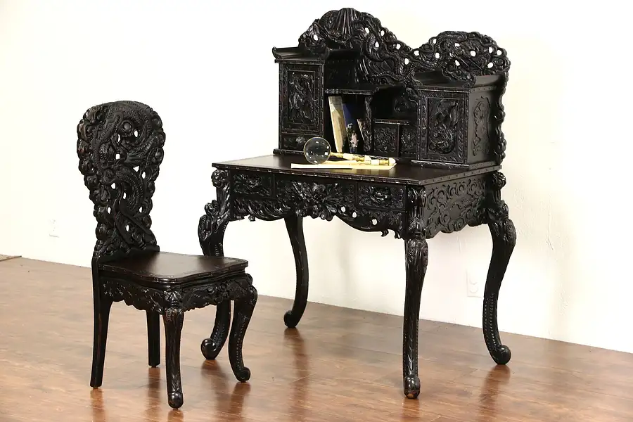 Main image of Japanese 1920's Antique Dragon Carved Secretary Desk and Chair Set