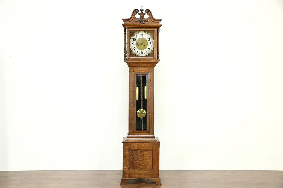Main image of New Haven Signed Antique 1910 Oak Long Case Grandfather Clock