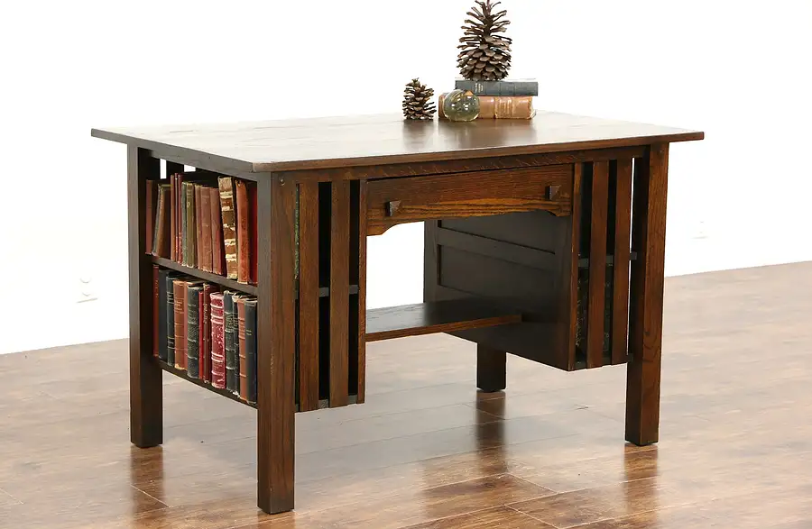 Main image of Arts & Crafts Mission Oak 1905 Antique Library Table Writing Desk, Bookshelves