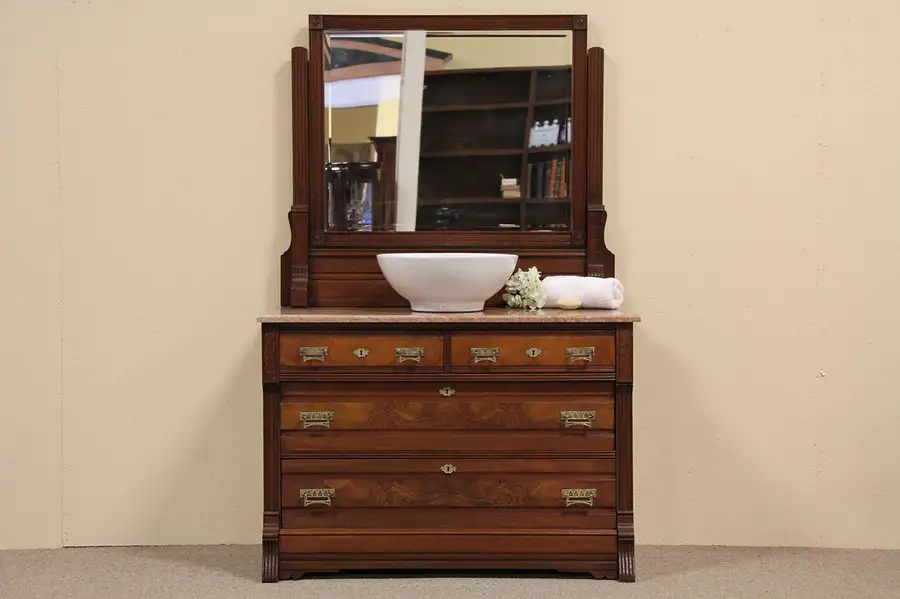 Main image of Victorian Eastlake Marble Top Dresser, Mirror