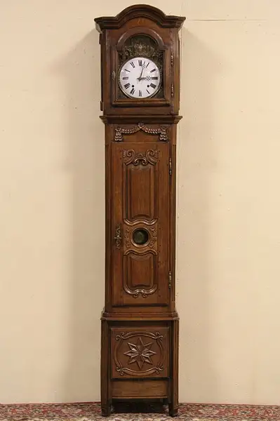 Main image of Country French 1860 Antique Carved Oak Tall Long Case Grandfather Clock