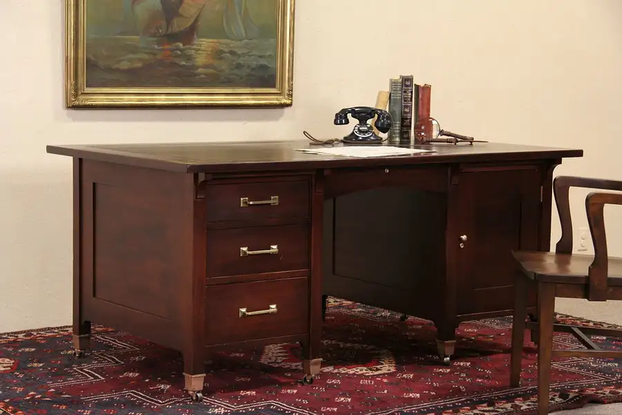 Main image of Arts & Crafts Antique 1900 Mahogany Executive Desk, Leather Top