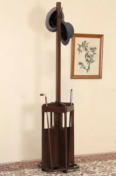 Main image of Arts & Crafts Mission Oak 1900 Antique Hat & Coat Tree, Umbrella Stand