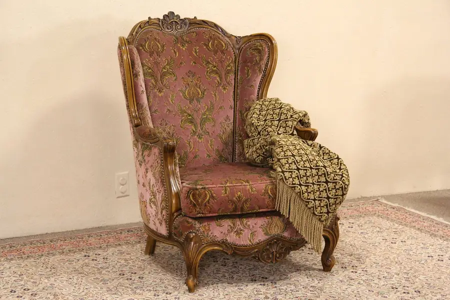 Main image of Scandinavian Carved 1950 Vintage Wing Chair