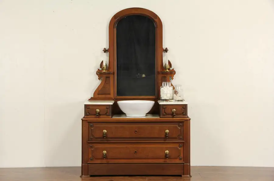 Main image of Victorian 1870 Antique Marble Top Dresser or Chest & Mirror, Secret Drawer