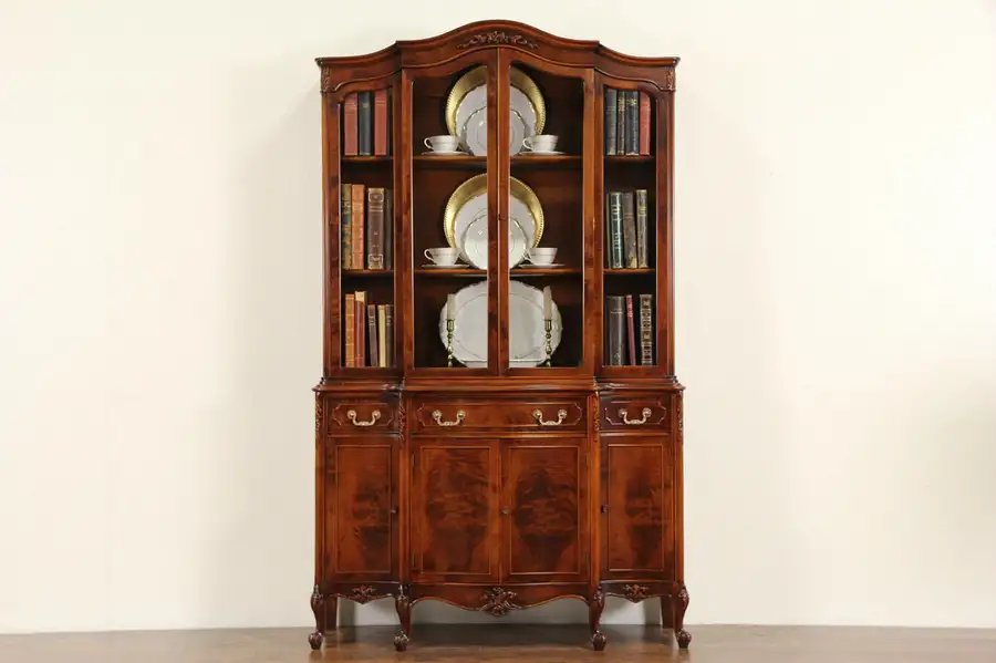 Main image of French Style 1940 Vintage Carved Breakfront China Cabinet or Bookcase