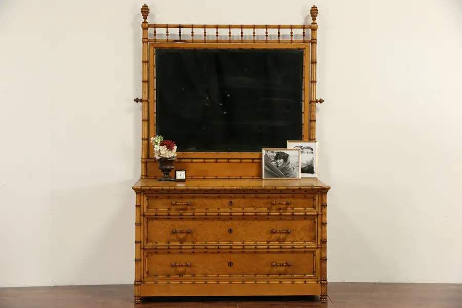 Main image of Curly Birdseye Maple Bamboo Antique 1870's Dresser with Mirror