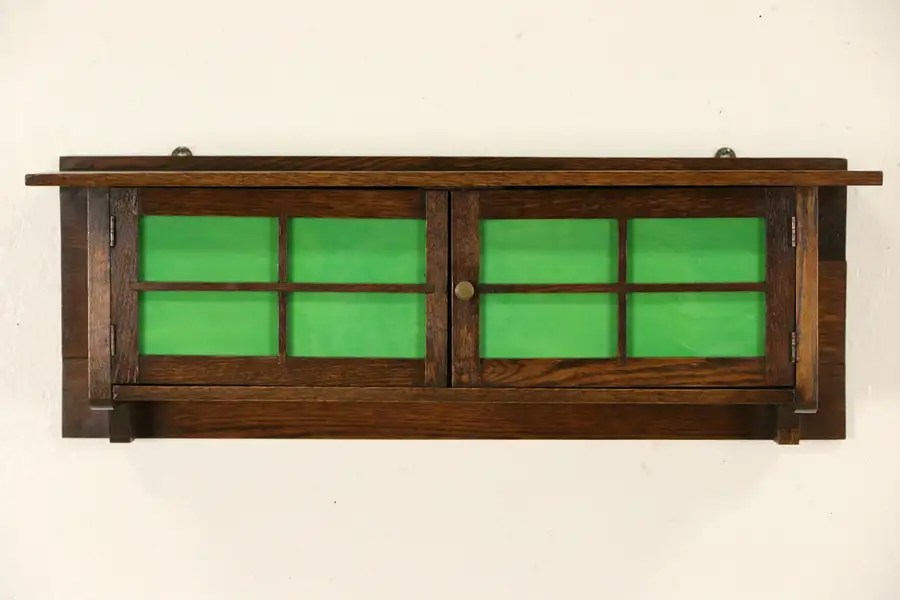 Main image of Arts & Crafts Mission Oak 1905 Antique Hanging Shelf Cupboard, Stained Glass