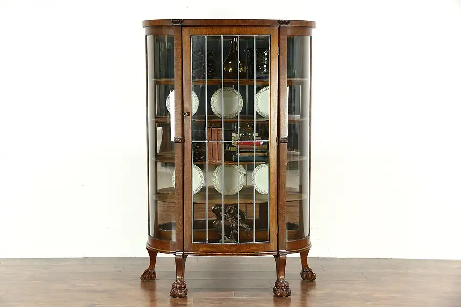 Main image of Oak Antique 1900 Curved Leaded Glass China or Curio Display Cabinet Paw Feet