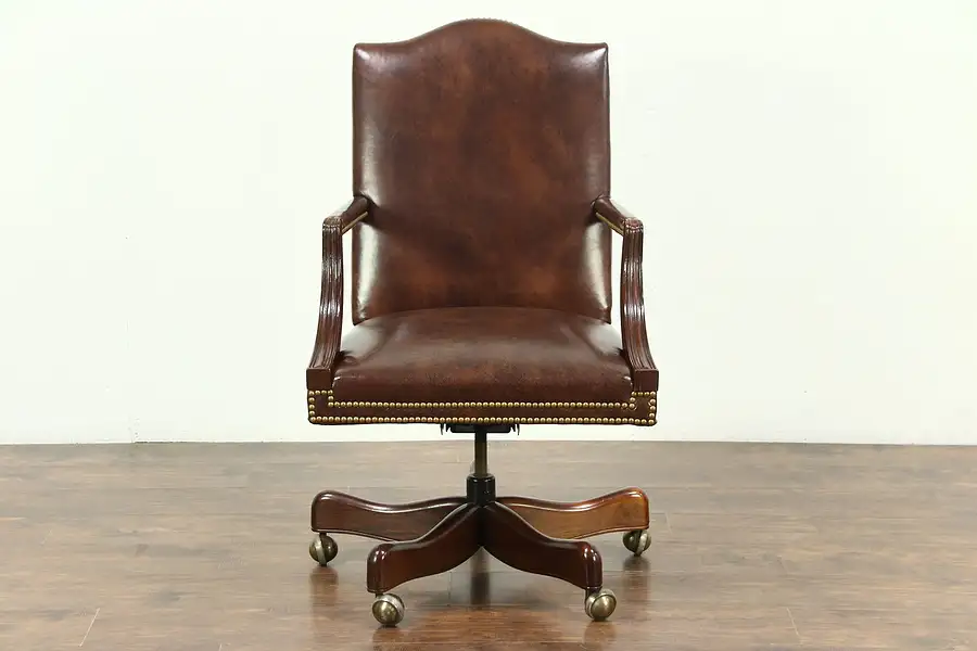 Main image of Leather & Mahogany Swivel Vintage Desk Chair, Signed Hickory