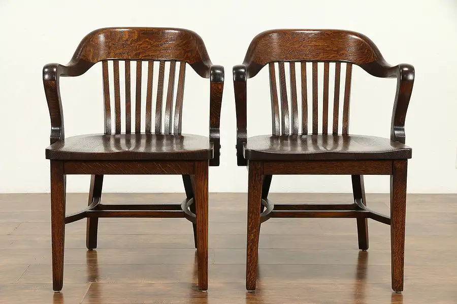 Main image of Pair of Antique Quarter Sawn Oak Banker, Office or Library Chairs, Klode